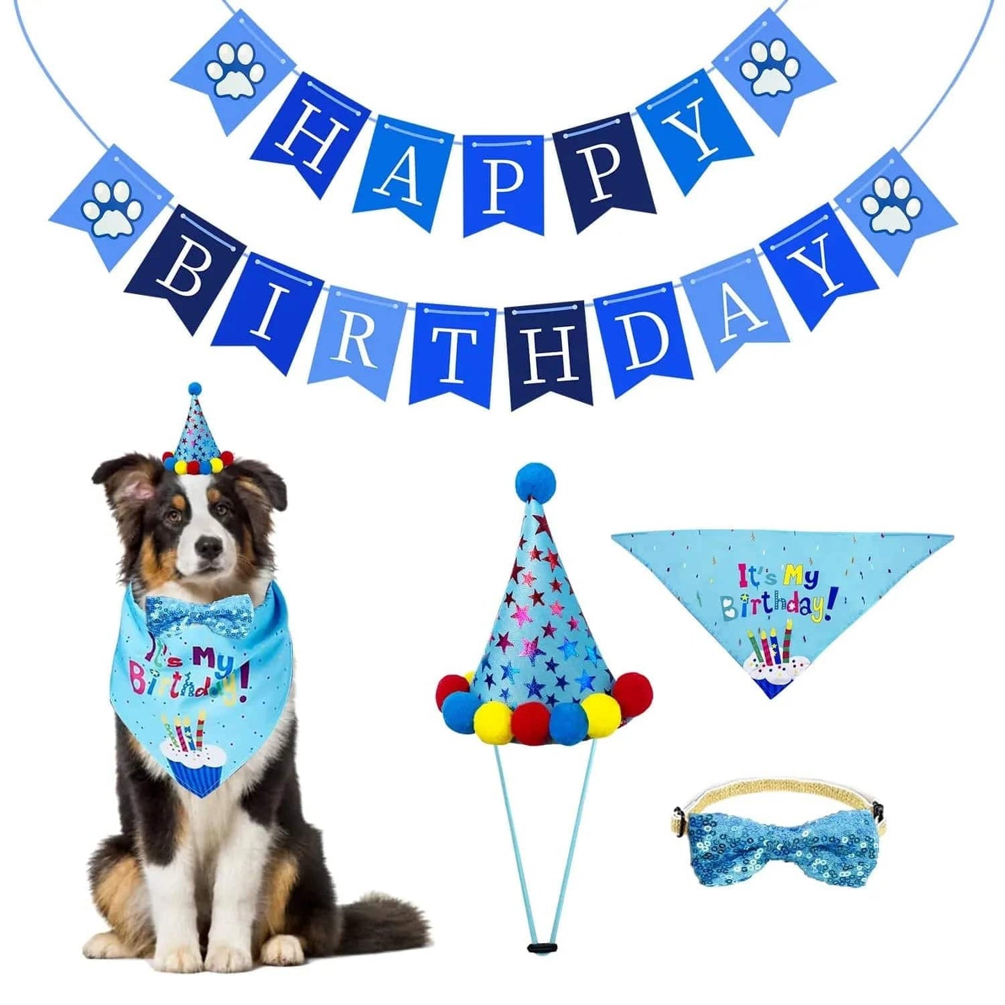 5 Piece Dog Birthday Bandana Set Dog Birthday Hat Dog Birthday Bandana Scarf Shining Dog Bow Tie Collar Dog Print Happy Birthday Banner for Small Medium Dog Pet - Pink Animals & Pet Supplies > Pet Supplies > Dog Supplies > Dog Apparel Astarin Blue
