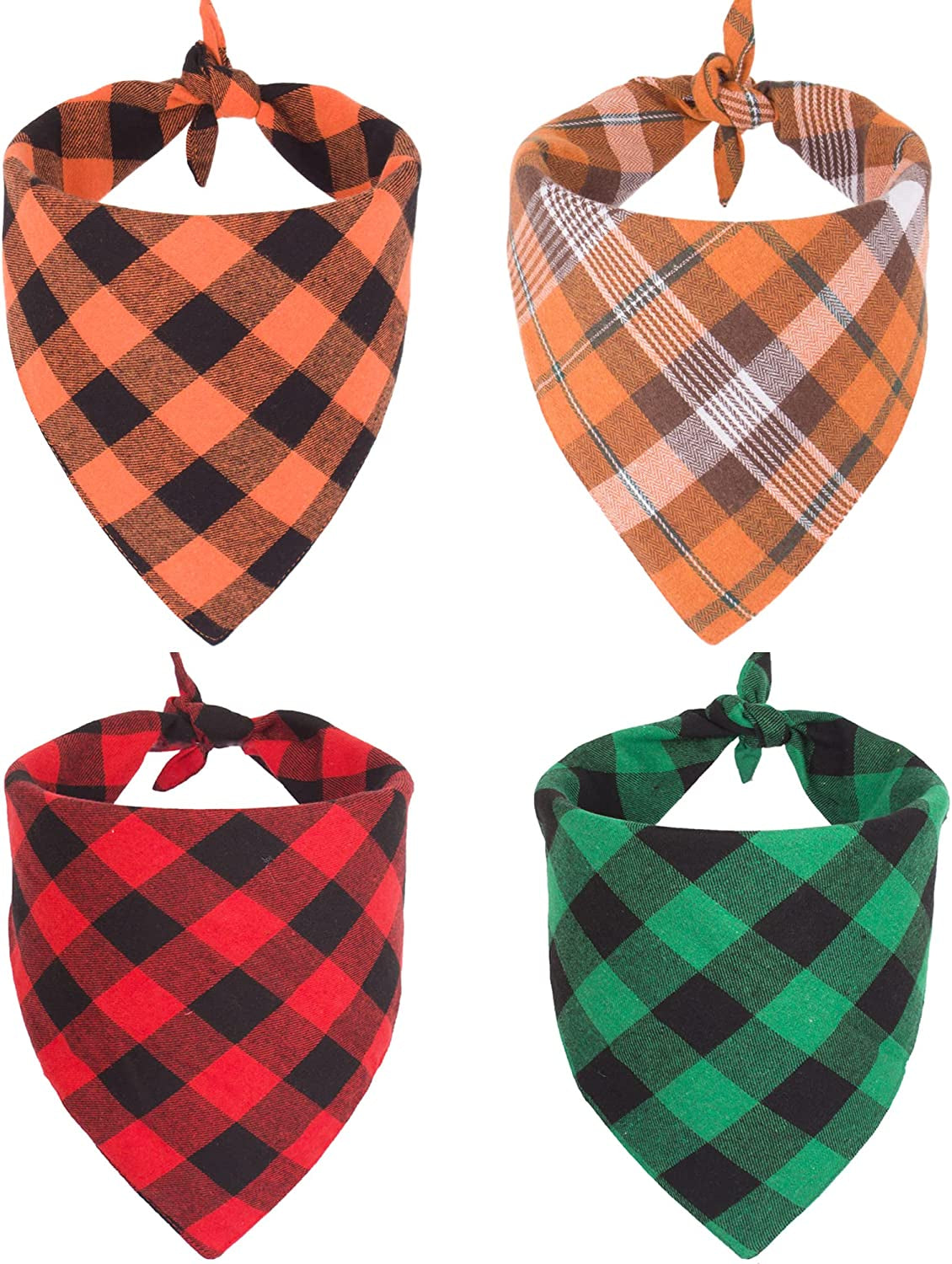 ADOGGYGO 4 Pack Plaid Holiday Dog Bandana, Halloween Thanksgivng Christmas Dog Bandana Scarf Kerchief Christmas Thanksgivng Halloween Bandana for Small Medium Large Dogs (Green & Red & Orange) Animals & Pet Supplies > Pet Supplies > Dog Supplies > Dog Apparel ADOGGYGO Red & Green & Orange