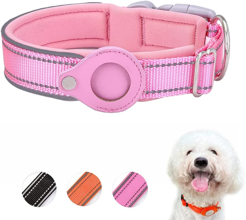 Dog Tracking Collar for Apple Airtag- Reflective Pet Collar with Airtag Holder Case, Adjustable, Durable, Stylish, Padded, Heavy-Duty Dog Collars - S, M, L, XL Size Electronics > GPS Accessories > GPS Cases ELLOY Pink S 