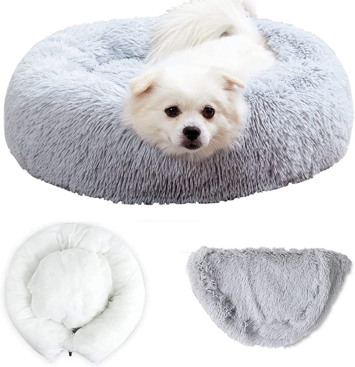 Momopal Donut Dog Bed,Anti-Anxiety Calming round Pet Bed for Dog Cat,Washable Faux Fur Dog Beds& Furniture for Small Medium Large Dogs Cats Animals & Pet Supplies > Pet Supplies > Cat Supplies > Cat Furniture MoMoPal Light Grey Small-24"