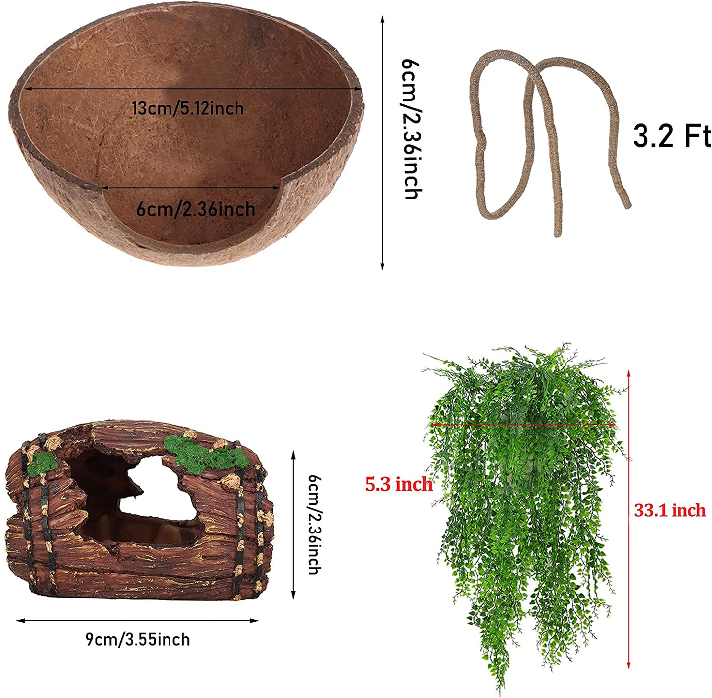 HERCOCCI Leopard Gecko Tank Accessories, Coconut Shell Hideout Cave Reptile Climbing Vine Habitat Decor with Hanging Reptile Plants for Chameleon Lizard Snake Hermit Crab Animals & Pet Supplies > Pet Supplies > Small Animal Supplies > Small Animal Habitat Accessories HERCOCCI