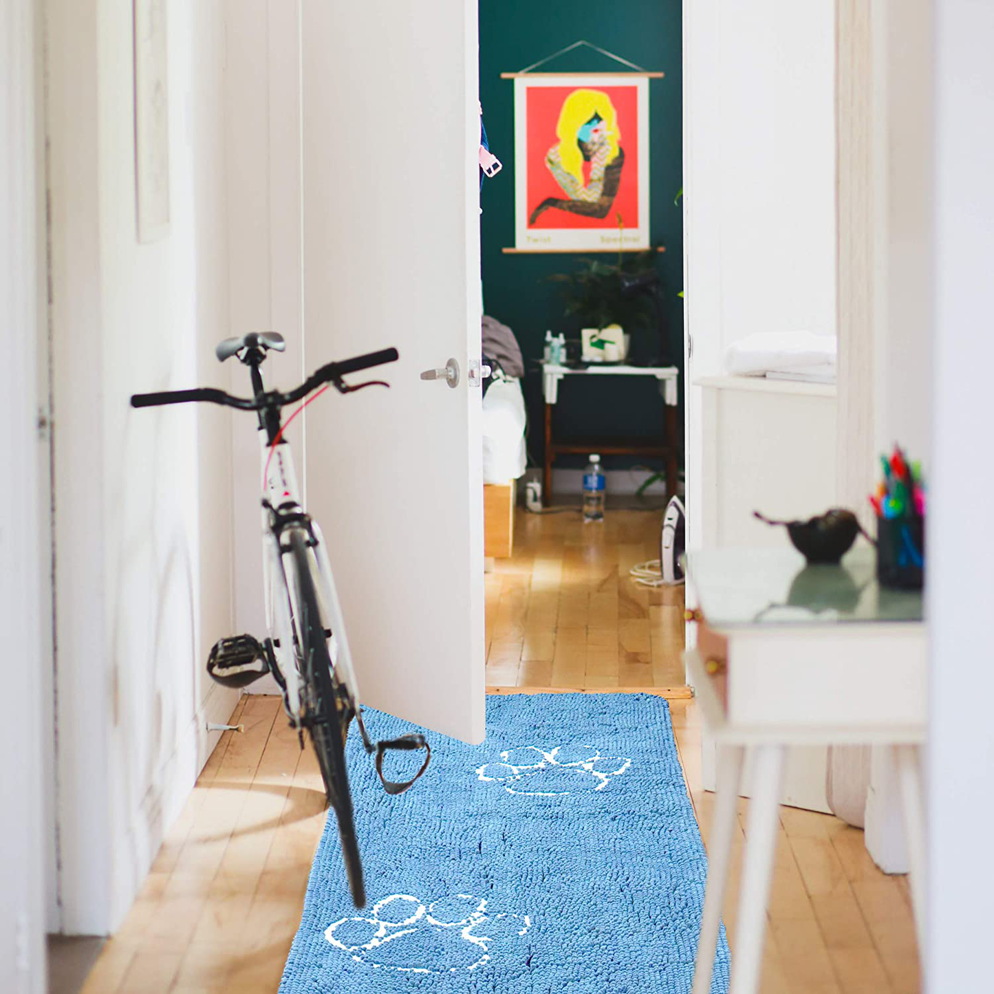 My Doggy Place - Ultra Absorbent Microfiber Dog Door Mat, Durable, Quick Drying, Washable, Prevent Mud Dirt, Keep Your House Clean (Faded Denim W/Paw Print, Hallway Runner) - 8' X 2' Feet Animals & Pet Supplies > Pet Supplies > Dog Supplies > Dog Houses My Doggy Place