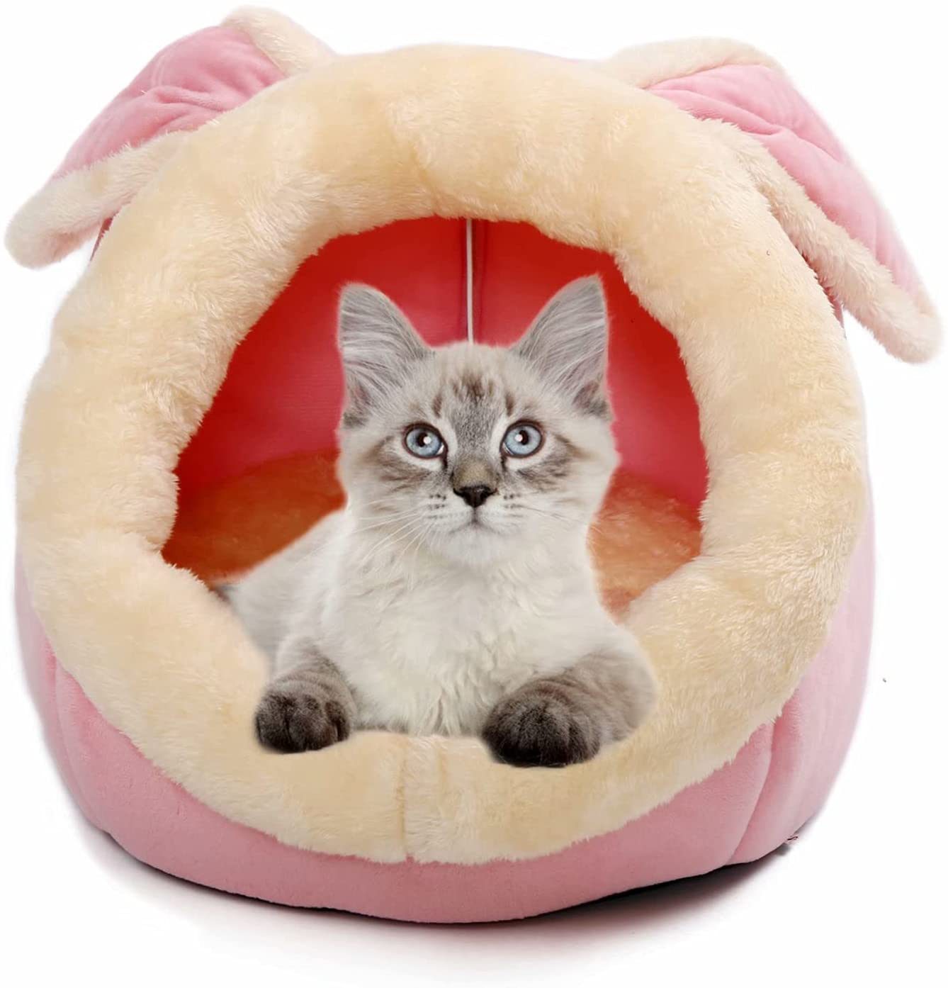 Cat Beds for Indoor Cats - Small Dog Bed with Anti-Slip Bottom, Rabbit-Shaped Cat/Small Dog Cave with Hanging Toy, Puppy Bed with Removable Cotton Pad, Super Soft Calming Pet Sofa Bed (Grey Large) Animals & Pet Supplies > Pet Supplies > Cat Supplies > Cat Furniture Garlifden Pink Small