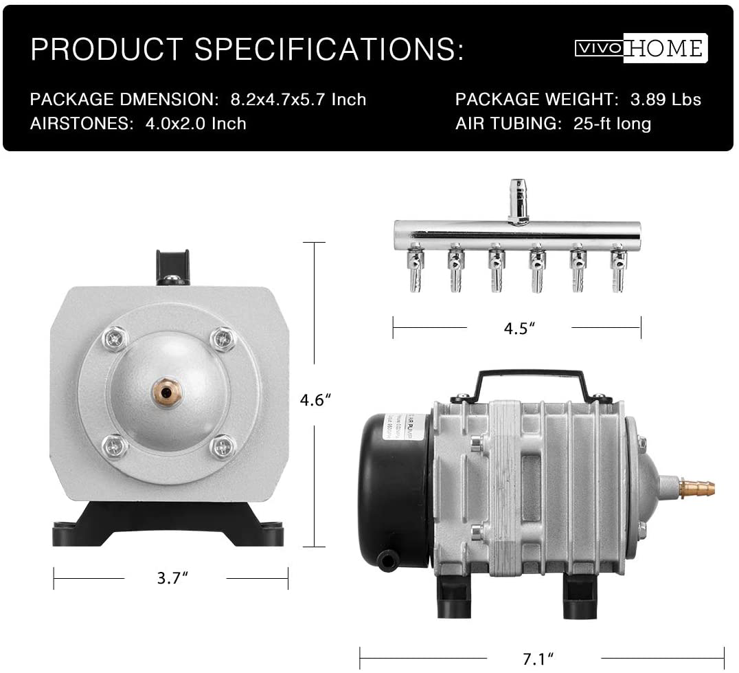 VIVOHOME 32W 950 GPH 60L/Min 6 Outlets Commercial Air Pump with 2 PCS 4 X 2 Inch Airstones and 25-Ft Air Tubing Combo, 3 Sets Animals & Pet Supplies > Pet Supplies > Fish Supplies > Aquarium & Pond Tubing VIVOHOME