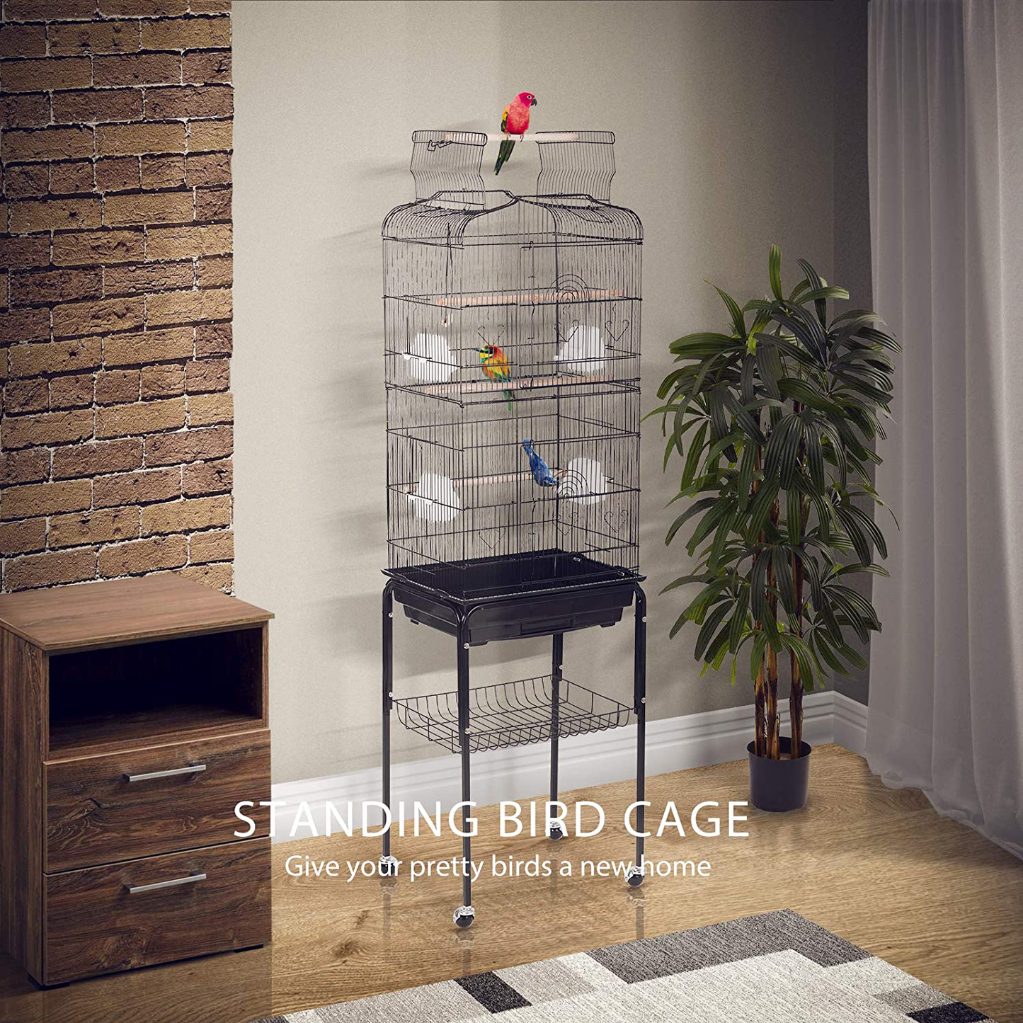 VIVOHOME 59.8 Inch Wrought Iron Bird Cage with Play Top and Rolling Stand for Parrots Conures Lovebird Cockatiel Parakeets Animals & Pet Supplies > Pet Supplies > Bird Supplies > Bird Cage Accessories VIVOHOME