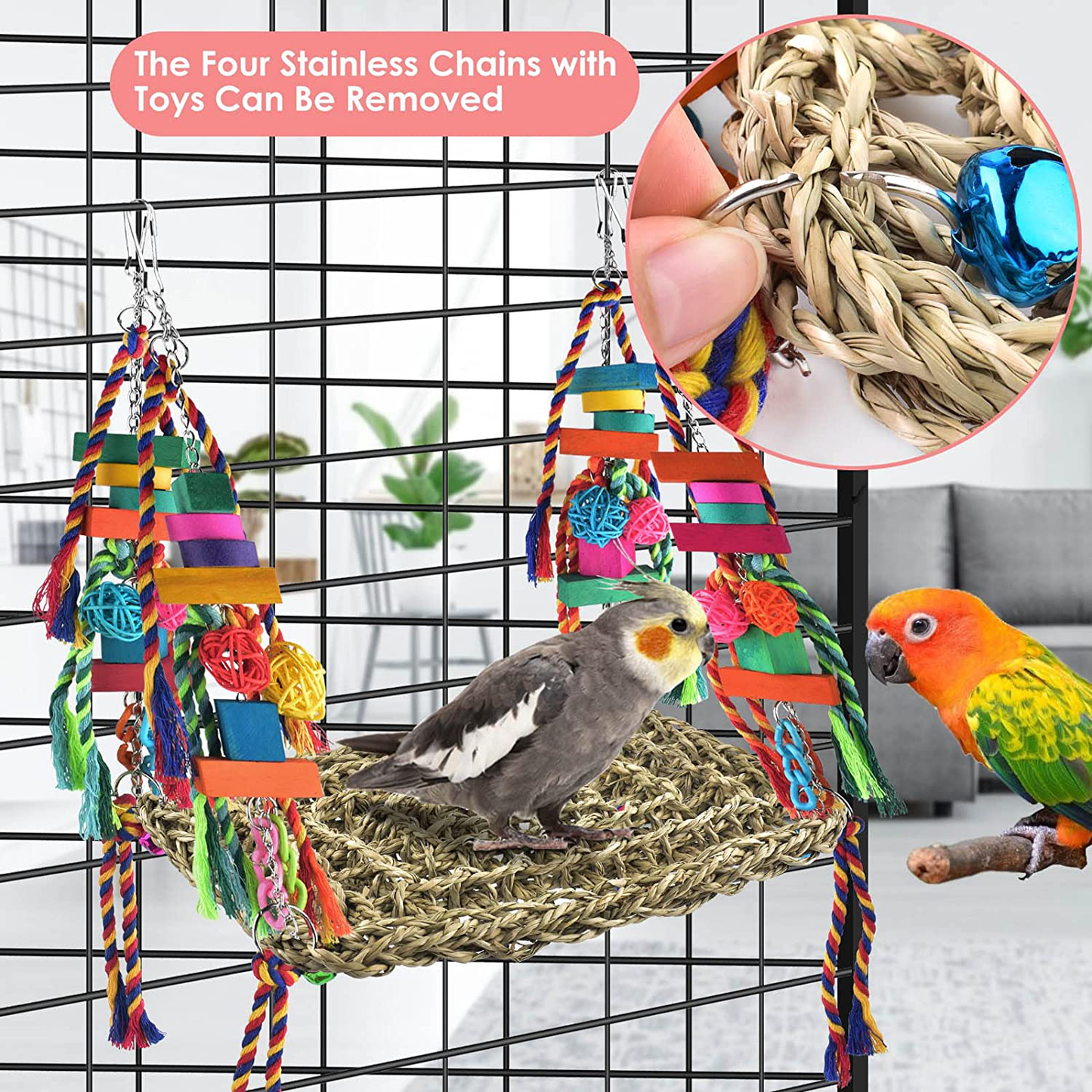 KATUMO Bird Toys, Bird Foraging Wall Toy, Edible Seagrass Woven Climbing Hammock Swing Mat with Colorful Chewing Toys, Suitable for Lovebirds, Finch, Parakeets, Budgerigars, Conure, Cockatiel Animals & Pet Supplies > Pet Supplies > Bird Supplies > Bird Toys KATUMO
