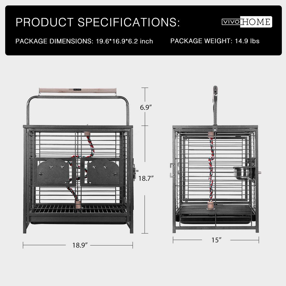 VIVOHOME 19 Inch Wrought Iron Bird Travel Carrier Cage for Parrots Conures Lovebird Cockatiel Parakeets Animals & Pet Supplies > Pet Supplies > Bird Supplies > Bird Cages & Stands VIVOHOME