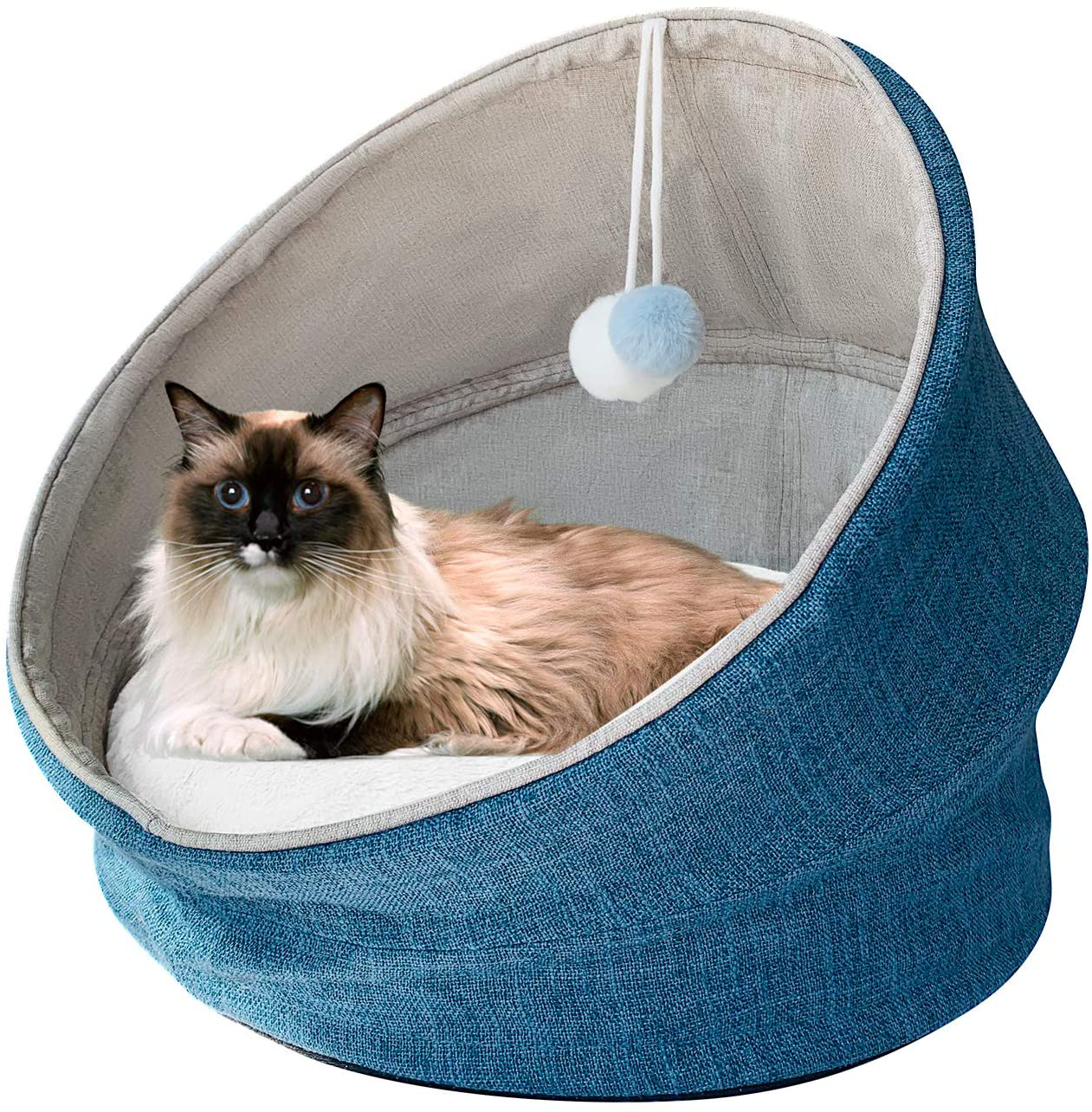 SAVFOX Cute Cat Bed Elevated Collapsible Covered Capsule Cave Tent, Self-Heated Removable Cushion Machine Washable Anti-Slip Bottom Bed House with Danging Cat Toy for Kitty Puppy Rabbit (18'' X 18'') Animals & Pet Supplies > Pet Supplies > Cat Supplies > Cat Beds SAVFOX Blue