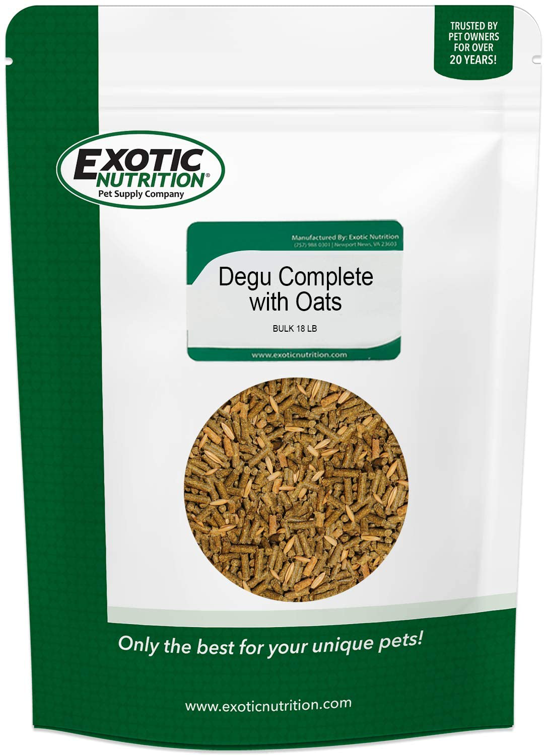 Exotic Nutrition Degu Complete - Nutritionally Complete Healthy Pellet Diet with Whole Oats - for Domesticated Pet Degus Animals & Pet Supplies > Pet Supplies > Small Animal Supplies > Small Animal Food Exotic Nutrition 18lb.
