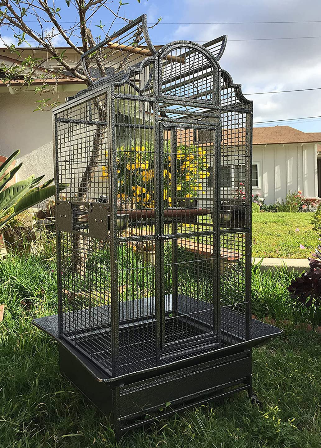 Large Elegant and Durable Wrought Iron Open/Close Play Top Bird Parrot Cage, Include Metal Seed Guard Solid Metal Feeder Nest Doors Animals & Pet Supplies > Pet Supplies > Bird Supplies > Bird Cages & Stands Mcage Black Vein 24''L x 22''W x 63''H