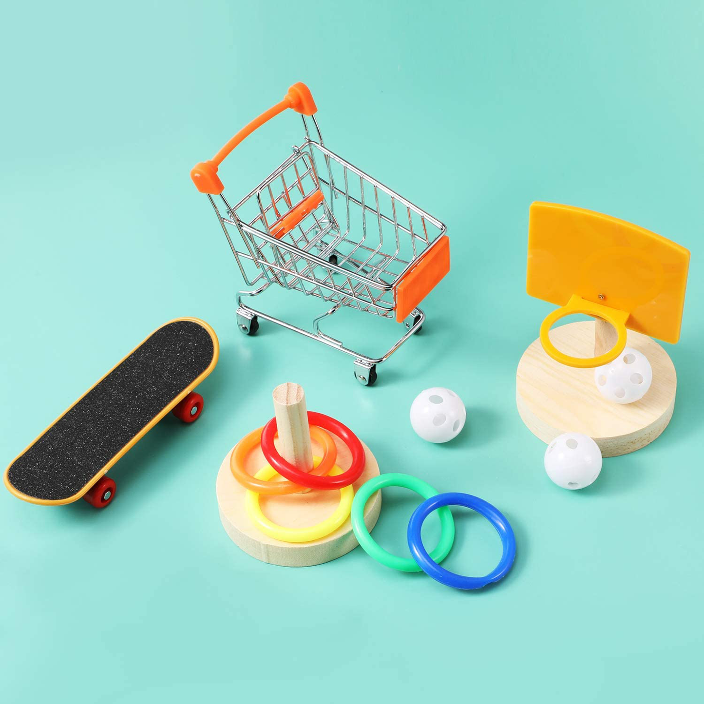 Weewooday 4 Pieces Bird Training Toy Set Include Shopping Cart Basketball Stacking Ring Toy Skateboard Parrot Intelligence Toy for Tabletop Cage Parakeets Cockatiels, Macaws, Parrots Animals & Pet Supplies > Pet Supplies > Bird Supplies > Bird Toys Weewooday