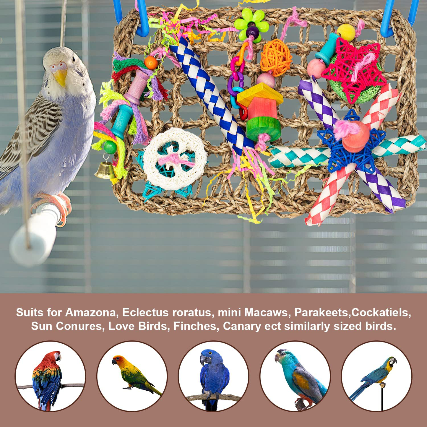 DERLOW Bird Toys Bird Foraging Wall Toy Natural Seagrass Woven Mat and Colorful Wooden Blocks Chewing Toys Bird Swing Climbing Toy, Suitable for Lovebirds Parakeets Parrot Cockatiel Animals & Pet Supplies > Pet Supplies > Bird Supplies > Bird Toys DERLOW