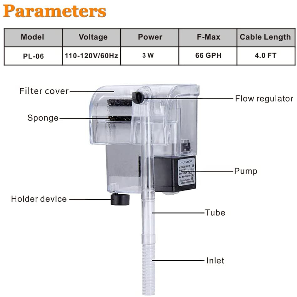 PULACO Ultra Quiet Aquarium Hang on Filter (66GPH 3W), Small Fish Tank Filter for 2 to 8 Gallons Fish Tank Animals & Pet Supplies > Pet Supplies > Fish Supplies > Aquarium Filters PULACO