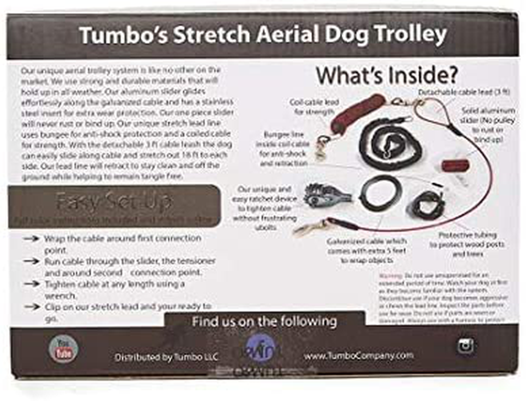 Tumbo Trolley Dog Containment System - Stretching Coil Cable with Anti-Shock Bungee (Safer and Less Tangles) Aerial Dog Tie Out Animals & Pet Supplies > Pet Supplies > Dog Supplies > Dog Kennels & Runs Tumbo