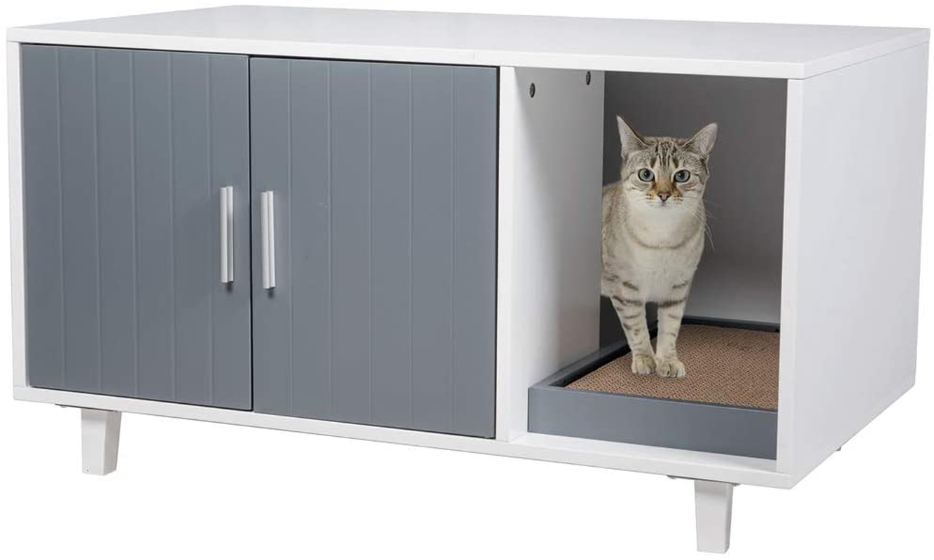 GOOD LIFE USA Modern Wood Pet Crate Cat Washroom Hidden Litter Box Enclosure Furniture House Table Nightstand with Cat Scratch Pad Animals & Pet Supplies > Pet Supplies > Cat Supplies > Cat Furniture GOOD LIFE USA Grey & White