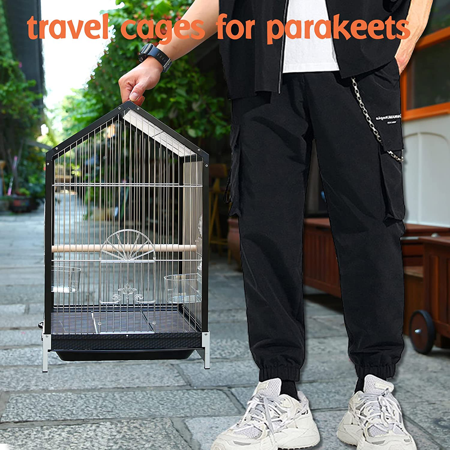 Bird Carrier Travel Cage, 21 Inch with Wooden Perch Feeding Cups for Small Bird Parrots Conures Cockatiel Parakeets(Triangle Black Frame) Animals & Pet Supplies > Pet Supplies > Bird Supplies > Bird Cages & Stands slrugci