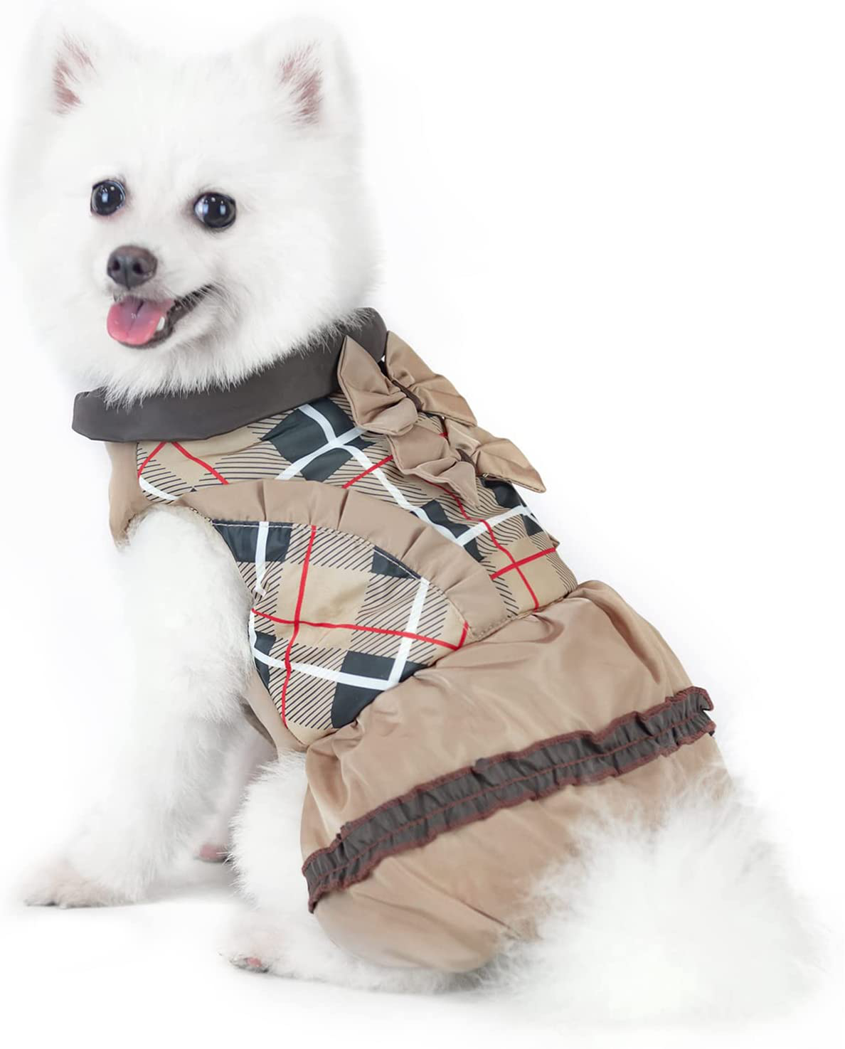 SCENEREAL Dog Winter Dress Waterproof Cold Weather Coat Warm Pet Sweater Classic Plaid Dog Jacket for Small Medium Dogs Girls Wearing Animals & Pet Supplies > Pet Supplies > Dog Supplies > Dog Apparel SCENEREAL Cream Small