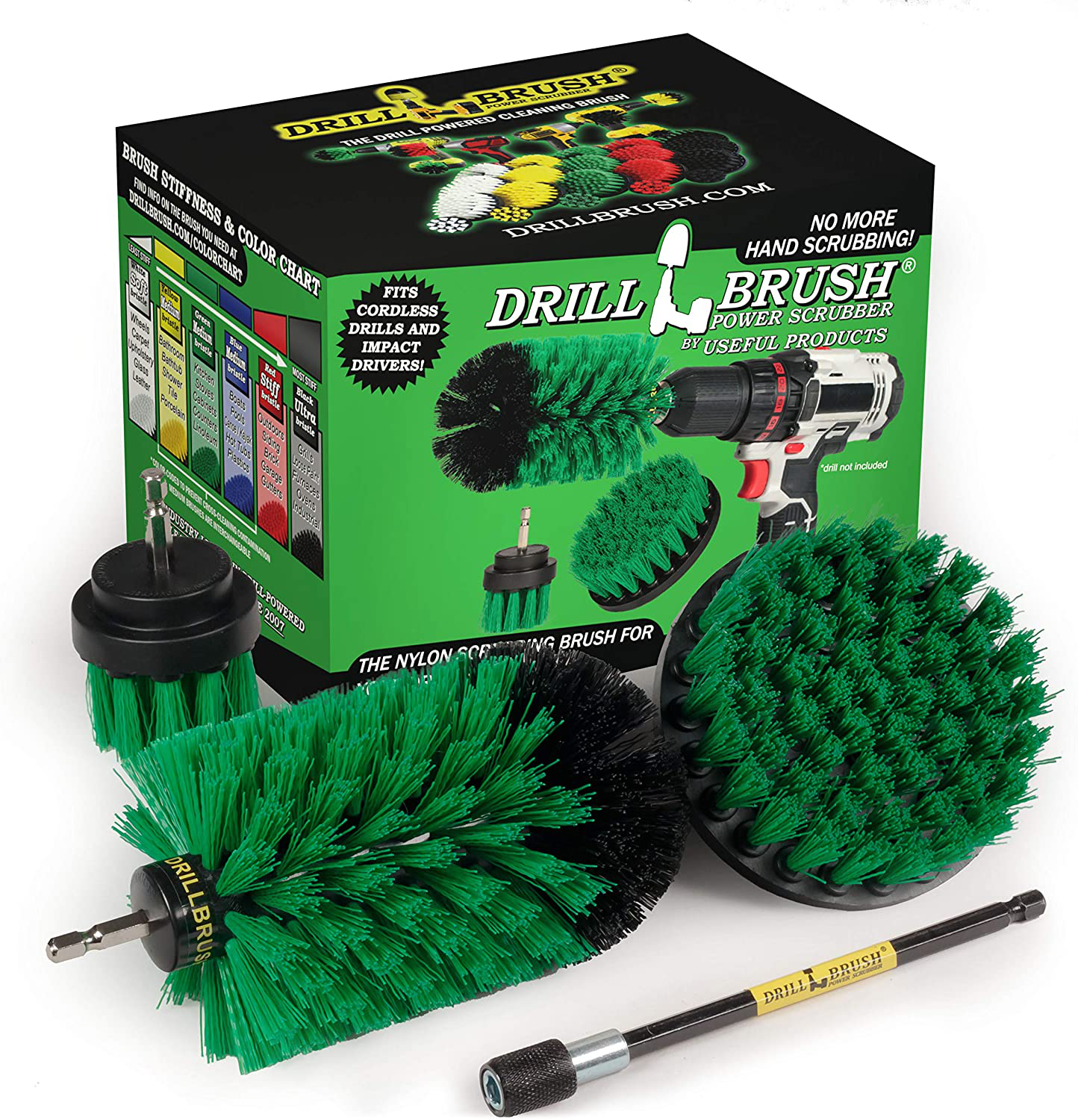 Drill Brush Power Scrubber by Useful Products – Drillbrush Medium Blue Drill Brushes with Extender - Drill Brush Extension Attachment Kit - Aquarium Cleaning Products - Fish Tank Cleaner Brushes Animals & Pet Supplies > Pet Supplies > Fish Supplies > Aquarium Cleaning Supplies Drill Brush Power Scrubber by Useful Products Medium-green