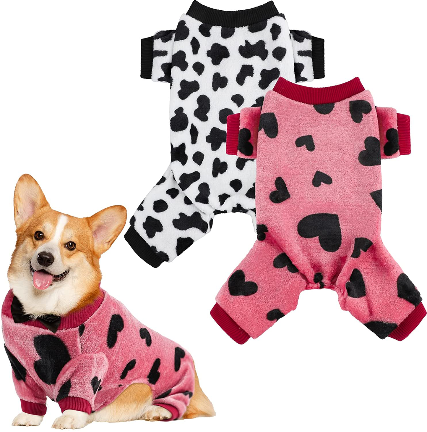 Pedgot 2 Pieces Dog Pajamas Flannel Dog Onesie Warm Pet Clothes Soft Dog Pjs Dog Apparel Dog Jumpsuit Jammies with Legs for Pet Dog Cat Animals & Pet Supplies > Pet Supplies > Cat Supplies > Cat Apparel Pedgot Love Hearts, Cow Spots Small