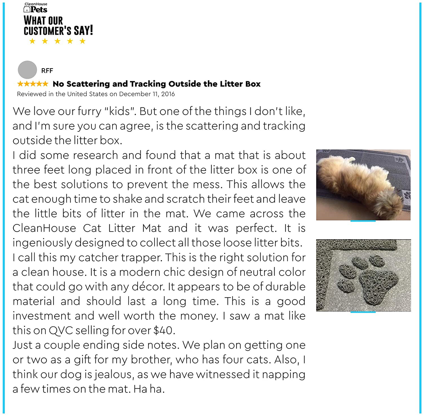 Cleanhouse Pets Cat Litter Mat (XL Size) - Non-Slip, Durable, Easy to Clean, Water Resistant - Eliminates Litter Tracking, Soft on Kitty Paws, Scatter Control for Cat Litter Box (Size: 36"X24") Animals & Pet Supplies > Pet Supplies > Cat Supplies > Cat Litter Box Liners American Dream Pet Products