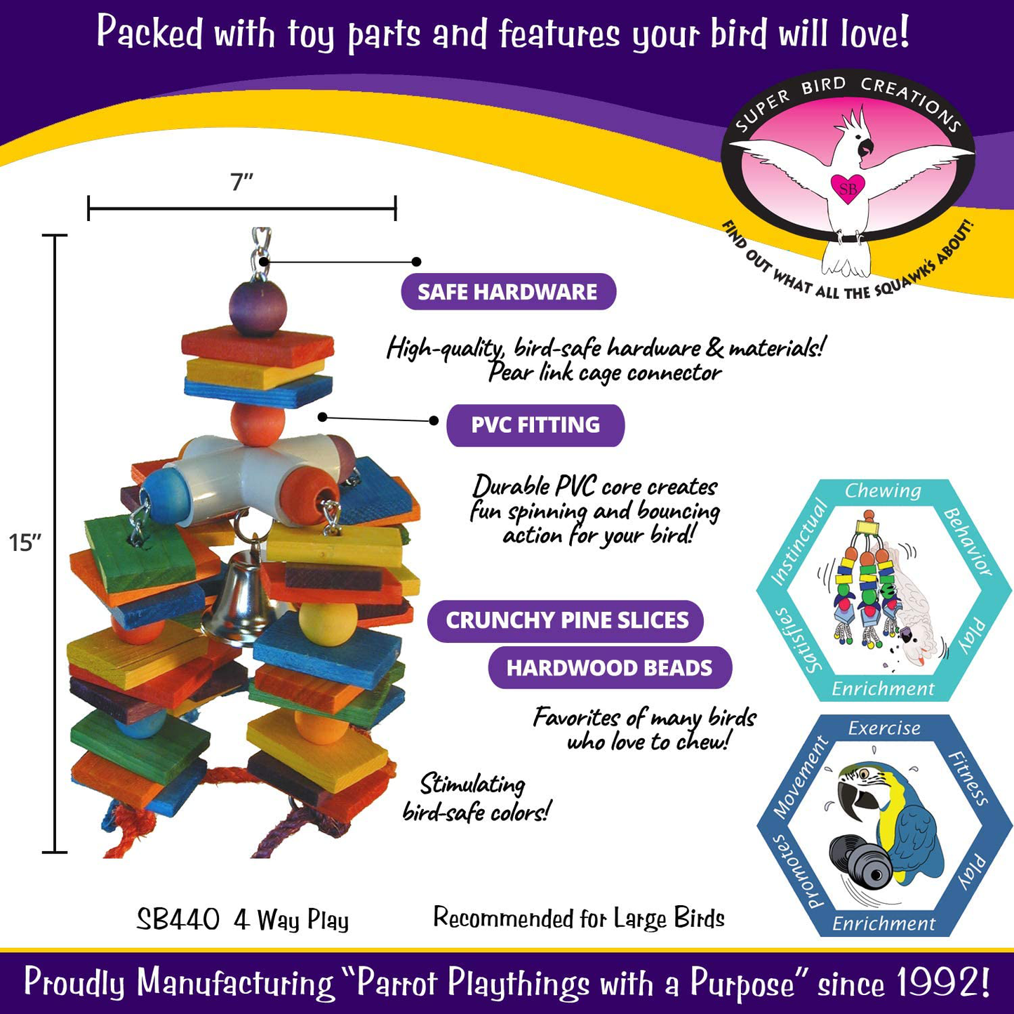 Super Bird Creations SB440 Chewable 4 Way Play Bird Toy with Colorful Wooden Blocks & Ringing Bell, Large Size, 15” X 7” X 7” Animals & Pet Supplies > Pet Supplies > Bird Supplies > Bird Toys Super Bird Creations