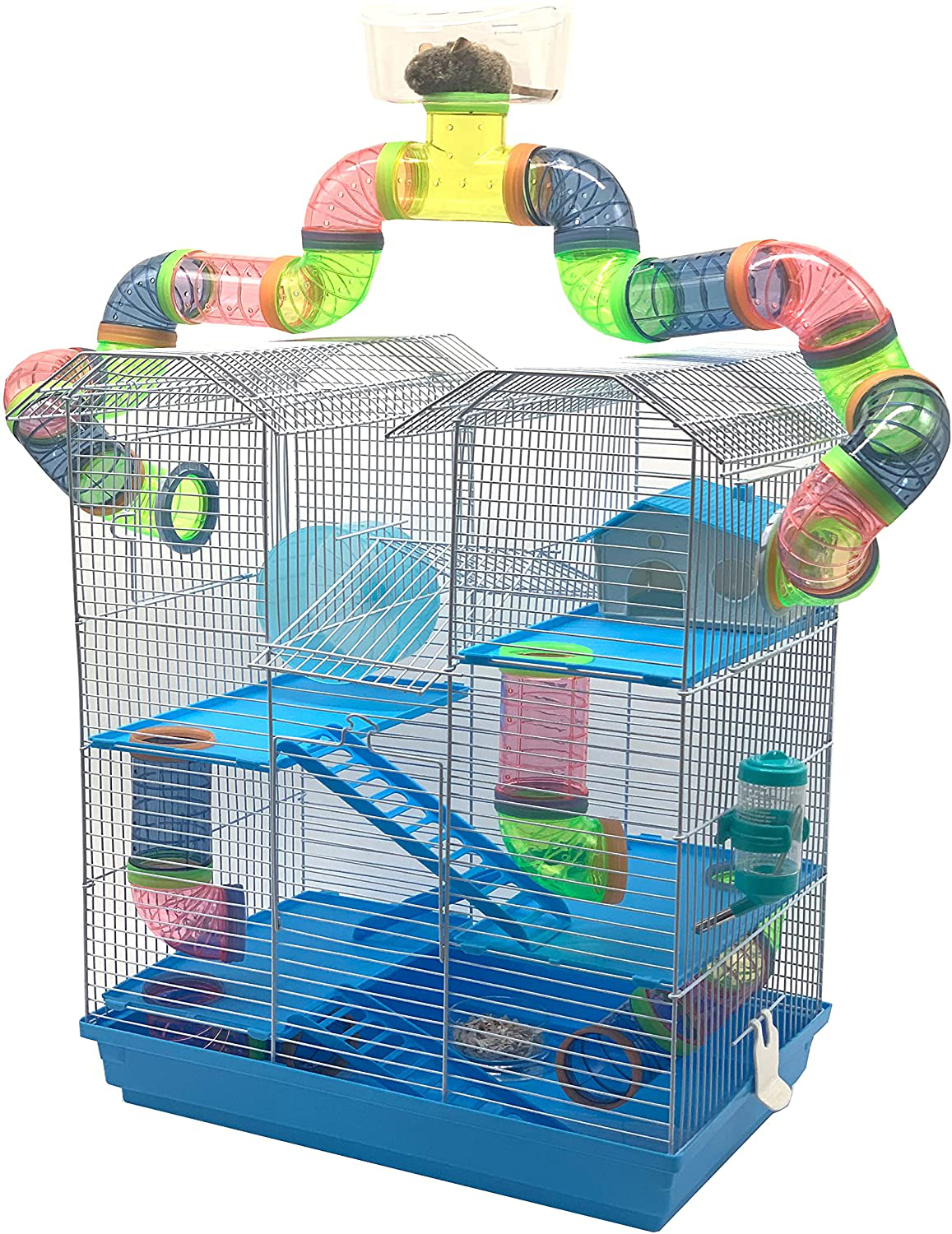 Large 5 Level Funland with Clear Transparent Tunnels Tubes Base Top Play Zone for Habitat Hamster Rodent Gerbil Mouse Mice Small Animal Critter Cage Animals & Pet Supplies > Pet Supplies > Small Animal Supplies > Small Animal Habitats & Cages Mcage Blue