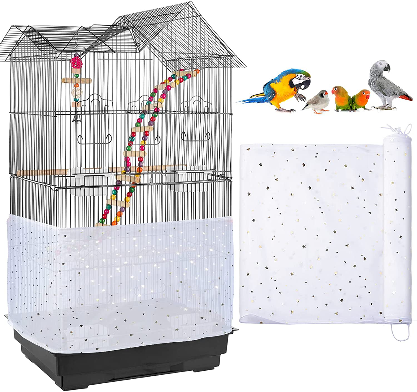 Shappy Universal Bird Cage Cover Skirt Nylon Mesh Net Guard Extra Large Parrot Birdcage Cover Bird Seed Feather Catcher Soft Airy Cage Net Cover for Parrots and Other Birds (White,118 Inch) Animals & Pet Supplies > Pet Supplies > Bird Supplies > Bird Cage Accessories Shappy