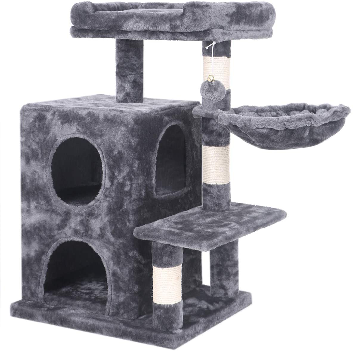 BEWISHOME Cat Tree Condo with Sisal Scratching Posts, Plush Perch, Dual Houses and Basket, Cat Tower Furniture Kitty Activity Center Kitten Play House MMJ06 Animals & Pet Supplies > Pet Supplies > Cat Supplies > Cat Furniture BEWISHOME Smoky Grey