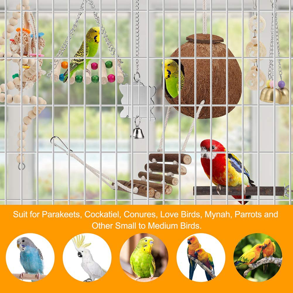 Bird Toy Parakeet Toy Perch Bird Cage Hammock Coconut Hideaway with Ladder Hanging Bell Swing Chewing Toy Hanging Toy for Parakeet,Conure,Cockatiel,Love Birds,Parrots (8 Pcs(With Mirror and Perch)) Animals & Pet Supplies > Pet Supplies > Bird Supplies > Bird Cage Accessories lovyoCoCo