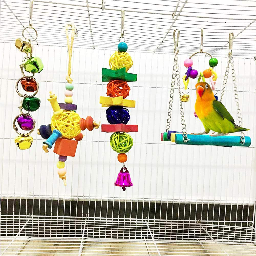 ESRISE 8 Pcs Bird Parakeet Cockatiel Parrot Toys, Hanging Bell Pet Bird Cage Hammock Swing Toy Wooden Perch Chewing Toy for Small Parrots, Conures, Love Birds, Finches Animals & Pet Supplies > Pet Supplies > Bird Supplies > Bird Cage Accessories ESRISE