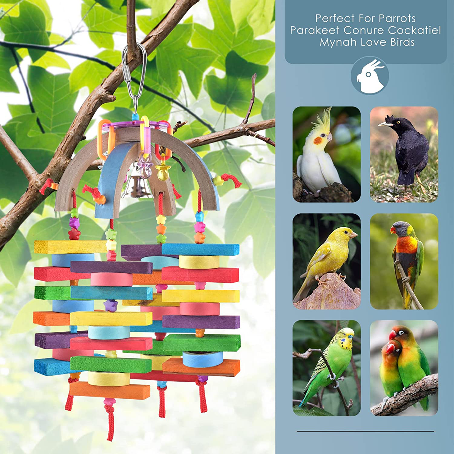 Bissap Cockatiel Toys, Wooden Blocks Bagel Cascade Bird Conure Chew Toy for Pets Cockatoo Parakeet Budgies Cockatiel Conure Lovebirds Cage Bite Jingle Bells Toy Animals & Pet Supplies > Pet Supplies > Bird Supplies > Bird Toys Bissap