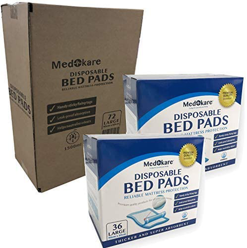 Medokare Bed Pads for Incontinence - 36 Pack, 36In X 24In, Disposable, Adhesive, Water-Resistant for Seniors, Adults and Kids Bedwetting - Hospital Medical Supplies, Chuck Pads for Home Animals & Pet Supplies > Pet Supplies > Dog Supplies > Dog Diaper Pads & Liners Medokare 72 Pack  