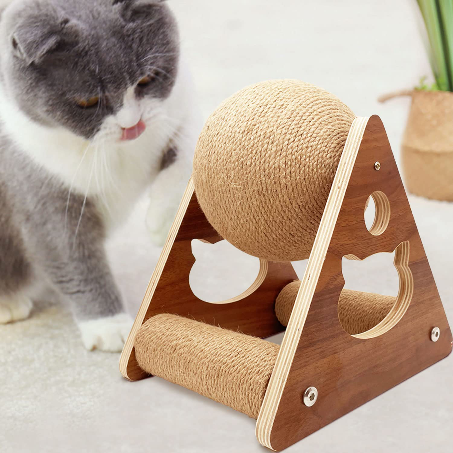 AGYM Cat Scratcher Toy, Natural Sisal Cat Scratching Ball, Cat Scratcher Toy with Ball, Scratching Ball for Cats and Kittens, Interactive Solid Wood Scratcher Pet Toy Animals & Pet Supplies > Pet Supplies > Cat Supplies > Cat Furniture AGYM Large