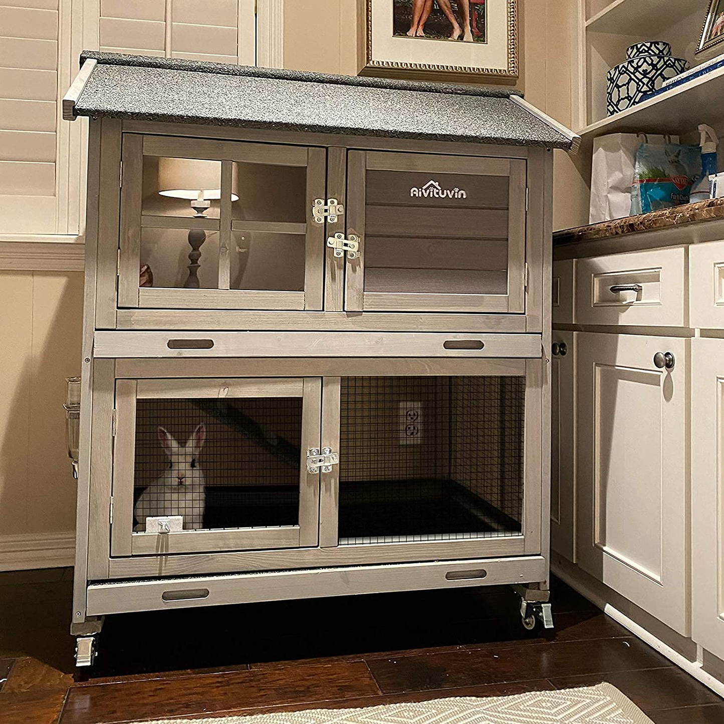 Rabbit Hutch Indoor Rabbit Cage for Small Animals Outdoor Bunny Cage with Movable Wire Netting, Guinea Pig Habitat on Wheels,Pull Out Leak Proof Tray (Grey+Camel) Animals & Pet Supplies > Pet Supplies > Small Animal Supplies > Small Animal Habitats & Cages GUTINNEEN
