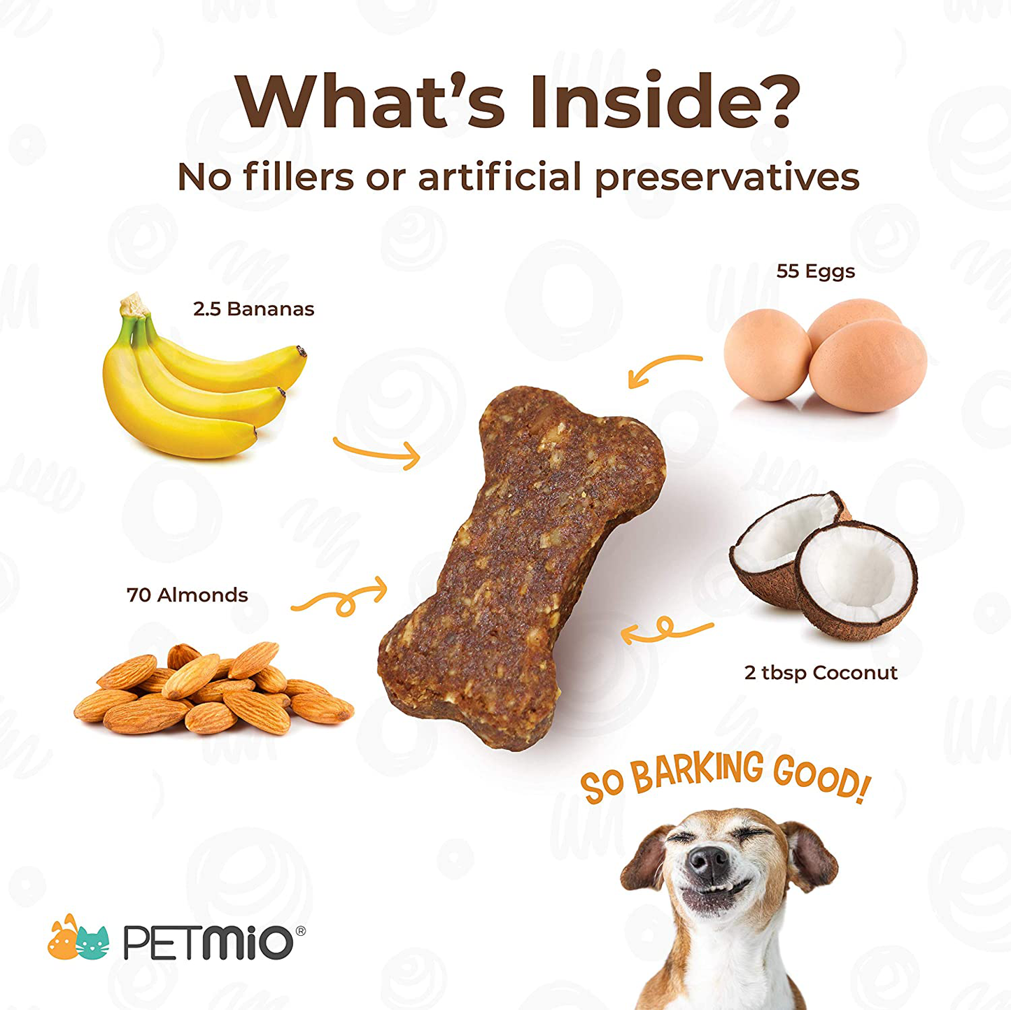 Petmio Bites Naturals. Banana Almond Butter Dog Treat. All-Natural. Human-Grade. Grain-Free. Gluten-Free. Made in USA. Kosher. Animals & Pet Supplies > Pet Supplies > Dog Supplies > Dog Treats PetMio   