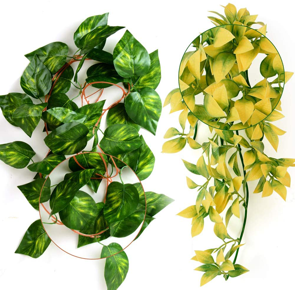 Reptile Plants Hanging Vines Climbing Terrarium Plant Tank Habitat Decorations with Suction Cup for Lizards Geckos Snake Chameleon Iguana Crab Earded Dragons Tree Frog Toads Salamanders (Green+Yellow) Animals & Pet Supplies > Pet Supplies > Reptile & Amphibian Supplies > Reptile & Amphibian Substrates iSbaby