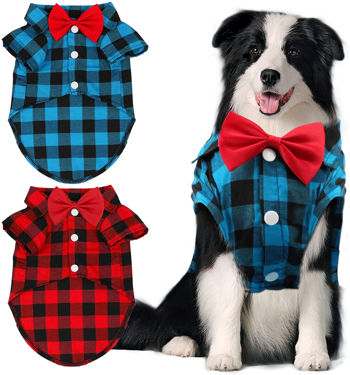 GINDOOR 2 Pack Plaid Dog Shirt - Valentines Cute Boy Dog Clothes and Bow Tie Combo Dog Outfit for Small Medium Large Dogs Cats Birthday Party and Holiday Photos Animals & Pet Supplies > Pet Supplies > Dog Supplies > Dog Apparel GINDOOR 3X-Large / Weight (24-35lbs)
