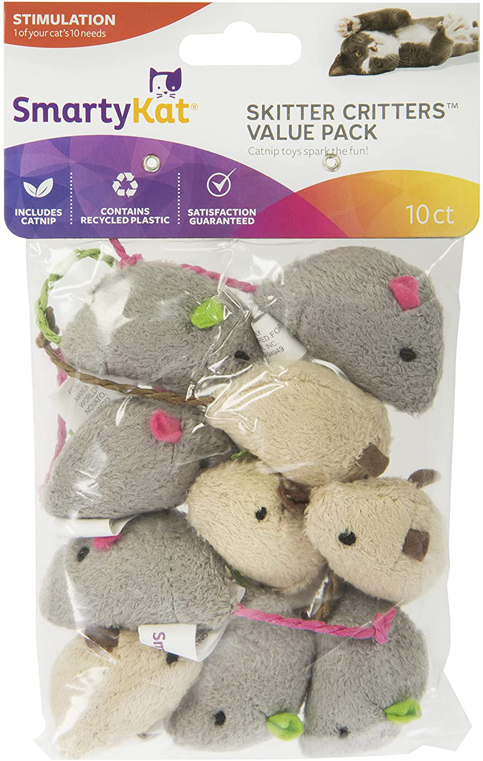 Smartykat Skitter Critters Value Pack (Set of 10) Soft Plush Catnip Cat Toys, Mice Toys with String Tails, Filled with Pure & Potent Catnip Animals & Pet Supplies > Pet Supplies > Cat Supplies > Cat Toys SmartyKat