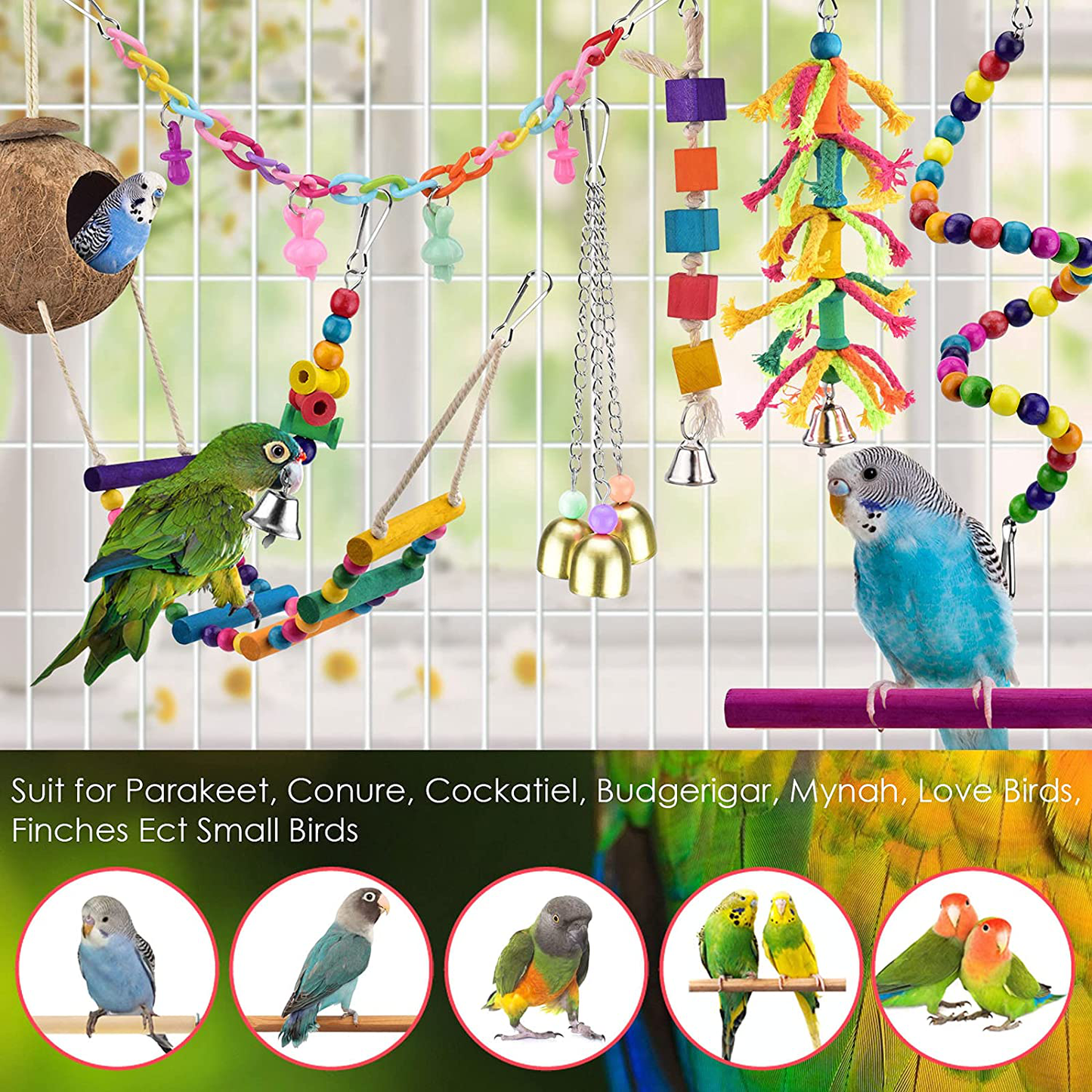 KATUMO Bird Toys, Natural Coconut Bird House with Colorful Ladder Hanging Chewing Toys Hammock Climbing Ladder Bird Colorful Toys with Bells for Parakeet, Conure, Cockatiel, Mynah, Love Birds, Finch Animals & Pet Supplies > Pet Supplies > Bird Supplies > Bird Toys KATUMO
