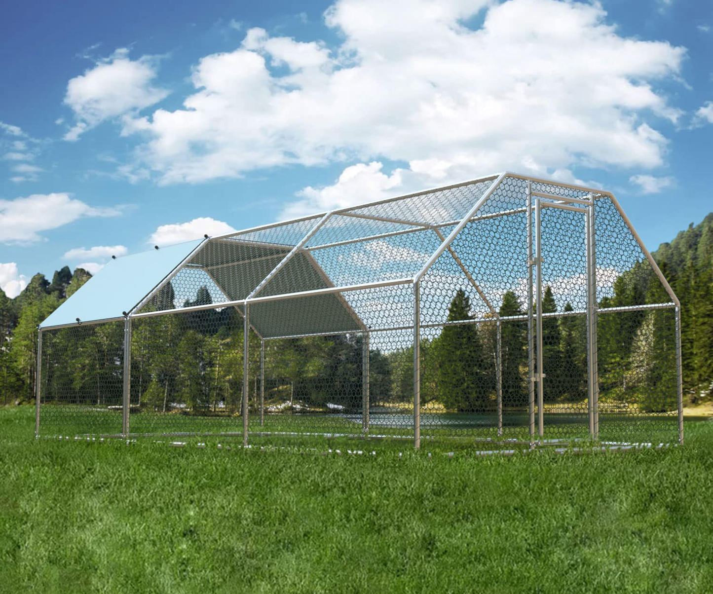 Large Metal Chicken Coop Run Walk-In Poultry Cage Chicken Run House Pen Rabbits Cage Flat Roofed Coop with Waterproof and Anti-Ultraviolet Cover for Outdoor Yard Farm Use Animals & Pet Supplies > Pet Supplies > Dog Supplies > Dog Kennels & Runs 4ever2buy 9.2’L x 18.7’W x 6.4’H