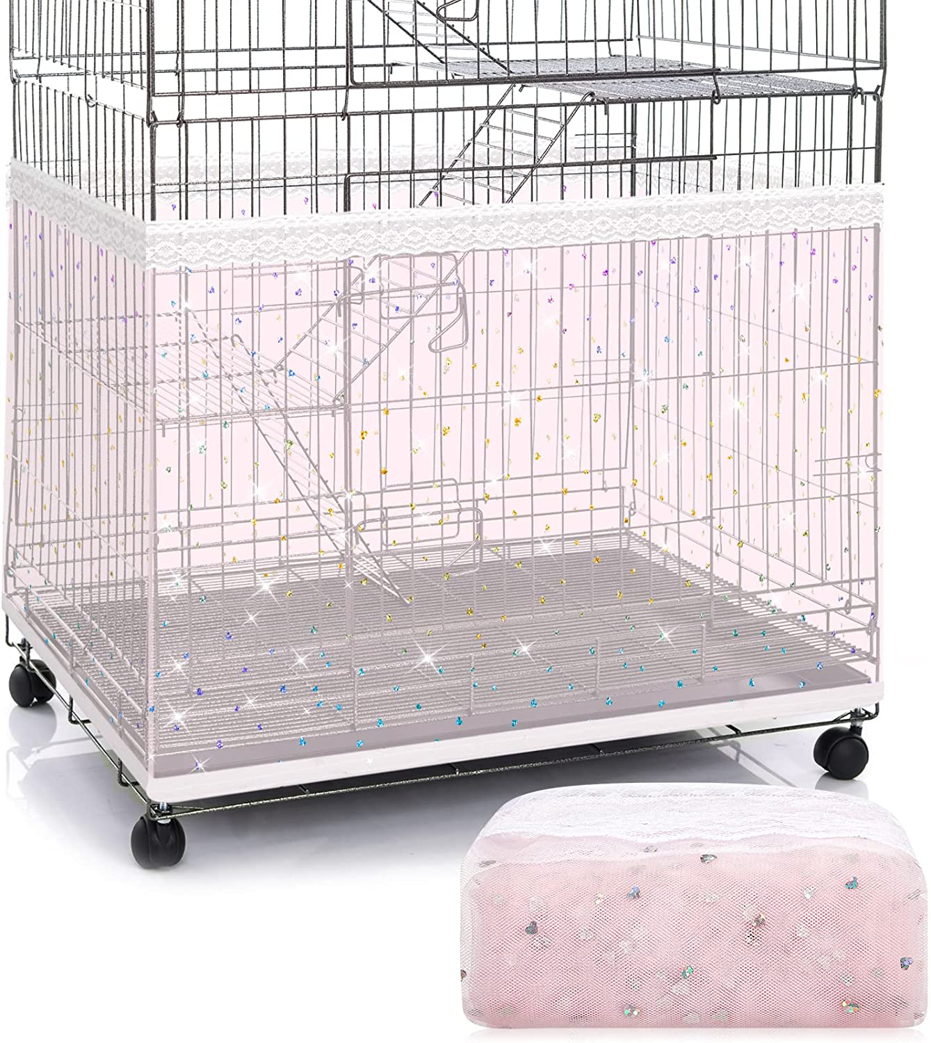 Large Bird Cage Cover Birdcage Nylon Mesh Net Cover Seed Feather Catcher Twinkle Star Universal Birdcage Cover Bird Seed Guard Skirt for Parakeet Macaw African round Square Cage Animals & Pet Supplies > Pet Supplies > Bird Supplies > Bird Cage Accessories Shappy Pink X-Large