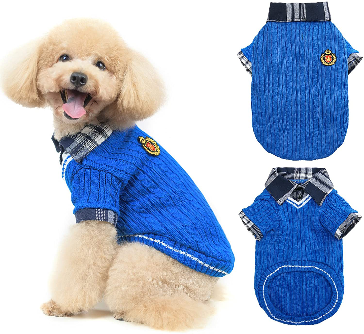 PUPTECK Soft Warm Dog Sweater Cute Knitted Dog Winter Clothes Classic Plaid British Style Dog Coats for Small Medium Dogs Animals & Pet Supplies > Pet Supplies > Dog Supplies > Dog Apparel PUPTECK Blue S: chest girth: 16", back length: 12"