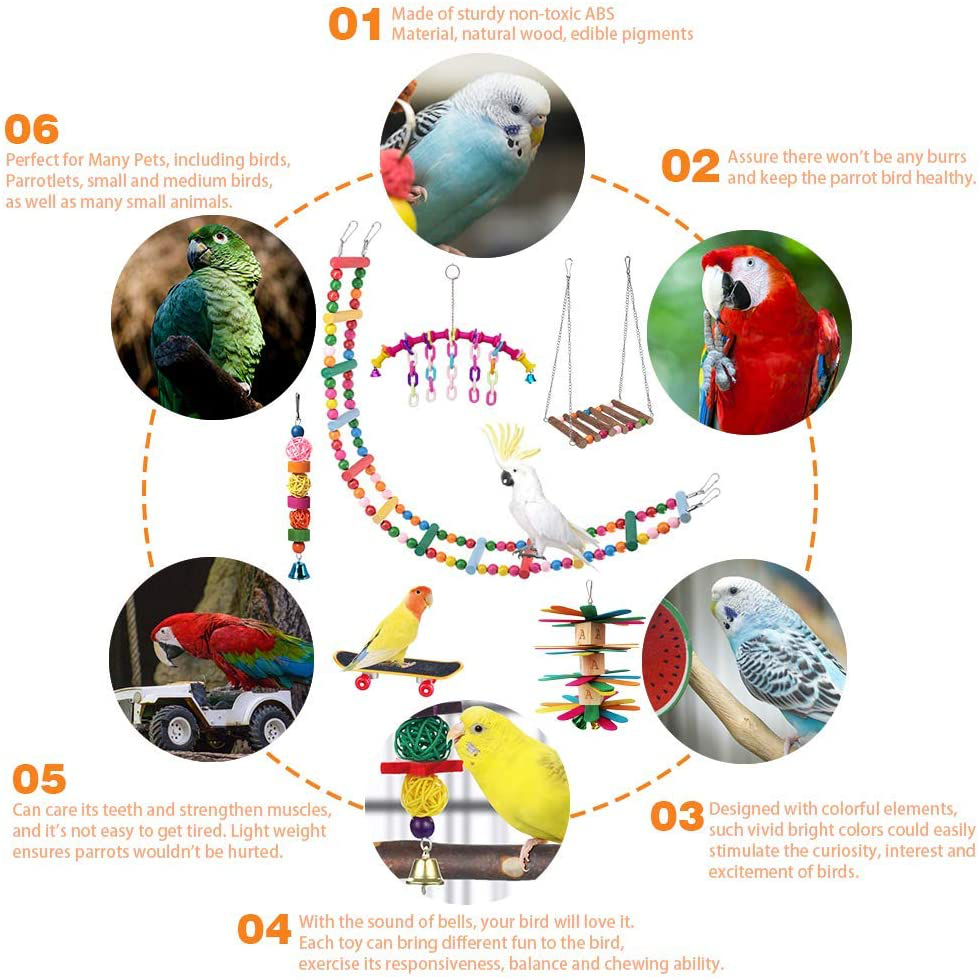 Shellkingdom Parrot Toys,Bird Hanging Wooden Ladder and Bird Hammock Chew Perches Cage Finch Toy with Bells for Bird Macaws Cockatiels Parakeets African Grey Parrot Lorikeets Conures Animals & Pet Supplies > Pet Supplies > Bird Supplies > Bird Ladders & Perches ShellKingdom