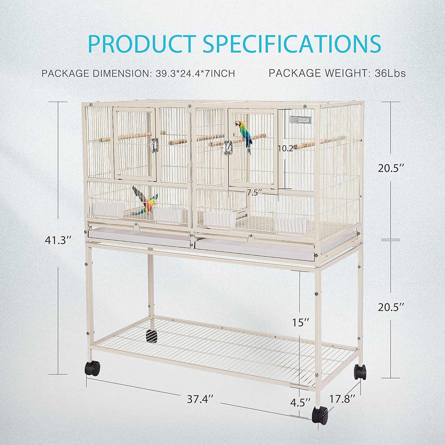 VIVOHOME 41.5 Inch Stackable Divided Breeding Iron Bird Cage Parakeet House with Rolling Stand for Canaries Cockatiels Lovebirds Finches Budgies Small Parrots Animals & Pet Supplies > Pet Supplies > Bird Supplies > Bird Cage Accessories VIVOHOME