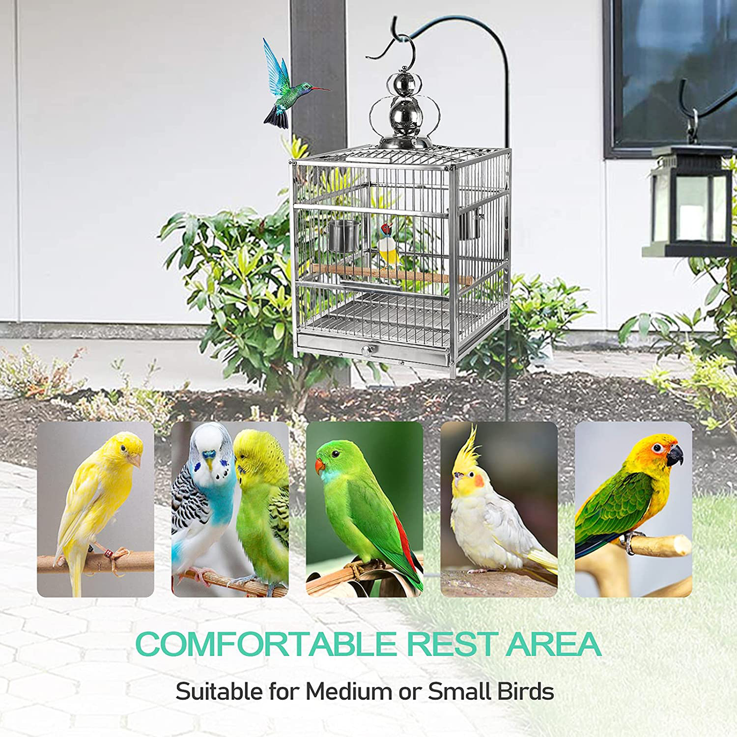 Exttlliy Stainless Steel Parakeet Bird Cage 26 Inch Hanging Conure Bird Cage with Stand for Small Parrot Canary Parakeets Finches Macaw Cockatiels Vision Flight Perches Pet Birdcage Animals & Pet Supplies > Pet Supplies > Bird Supplies > Bird Cage Accessories Exttlliy