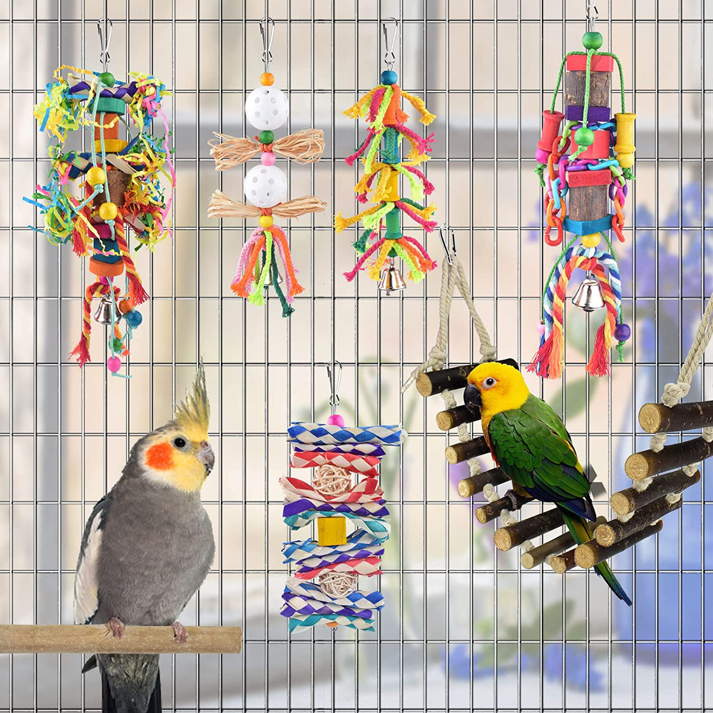 KATUMO Small Bird Toys, Natural Wood Ladder Colorful Bamboo Hanging Shredding Toys Parrot Chew Wooden Blocks Bird Perch for Parakeets, Conures, Cockatiels, Budgies, Love Birds and Other Small Birds Animals & Pet Supplies > Pet Supplies > Bird Supplies > Bird Ladders & Perches KATUMO