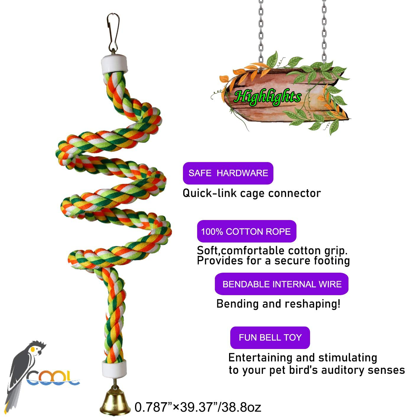 Bird Rope Perch Comfy Cotton Spiral Bungee Swing Climbing Standing Ladder for Bird Cage Parrot Toy with Bell Animals & Pet Supplies > Pet Supplies > Bird Supplies > Bird Ladders & Perches iLeson
