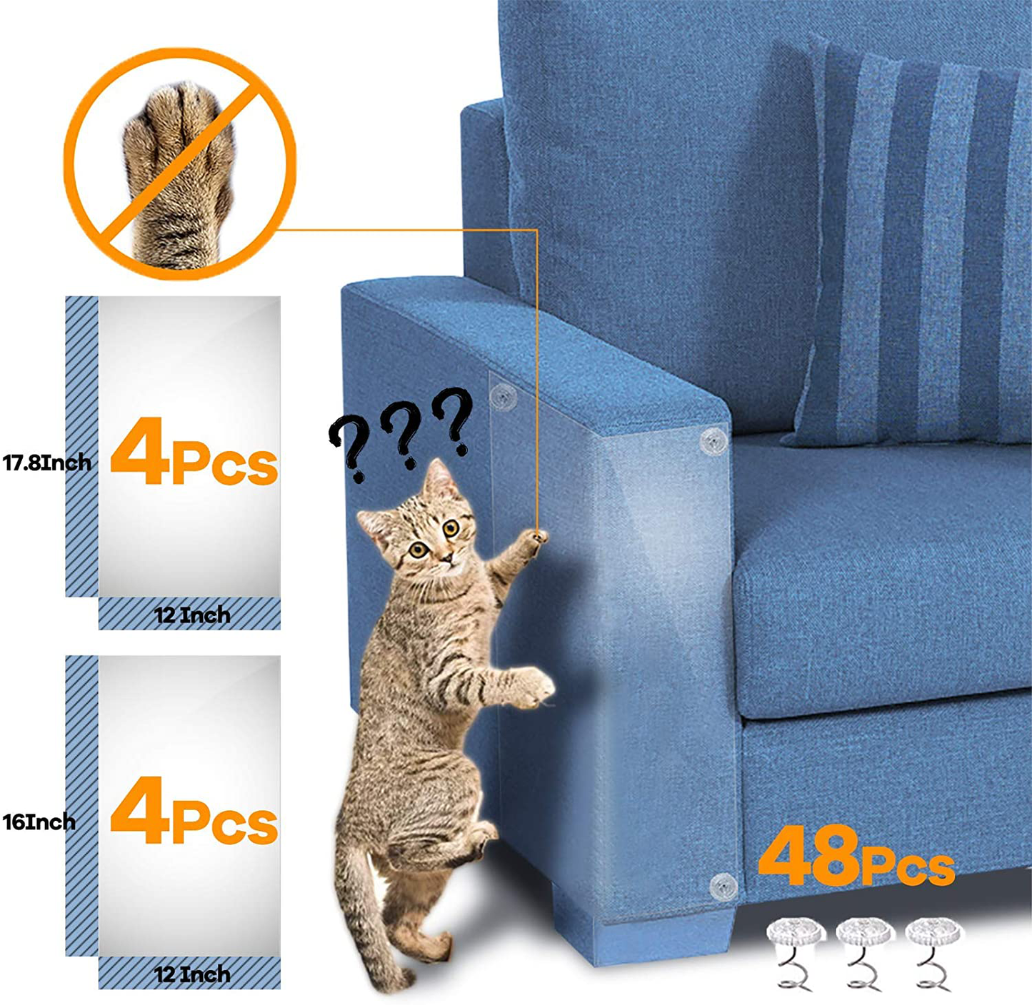 Cat Furniture Protector, 8 Pack Self-Adhesive Cat Couch Scratch Protector with 48 Twist Pins, 4-Pack XL 17.8" X 12"+ 4-Pack L 16"X12" Furniture Protectors from Cat Scratching Cover to Protect Sofa Animals & Pet Supplies > Pet Supplies > Cat Supplies > Cat Furniture Fashion&cool
