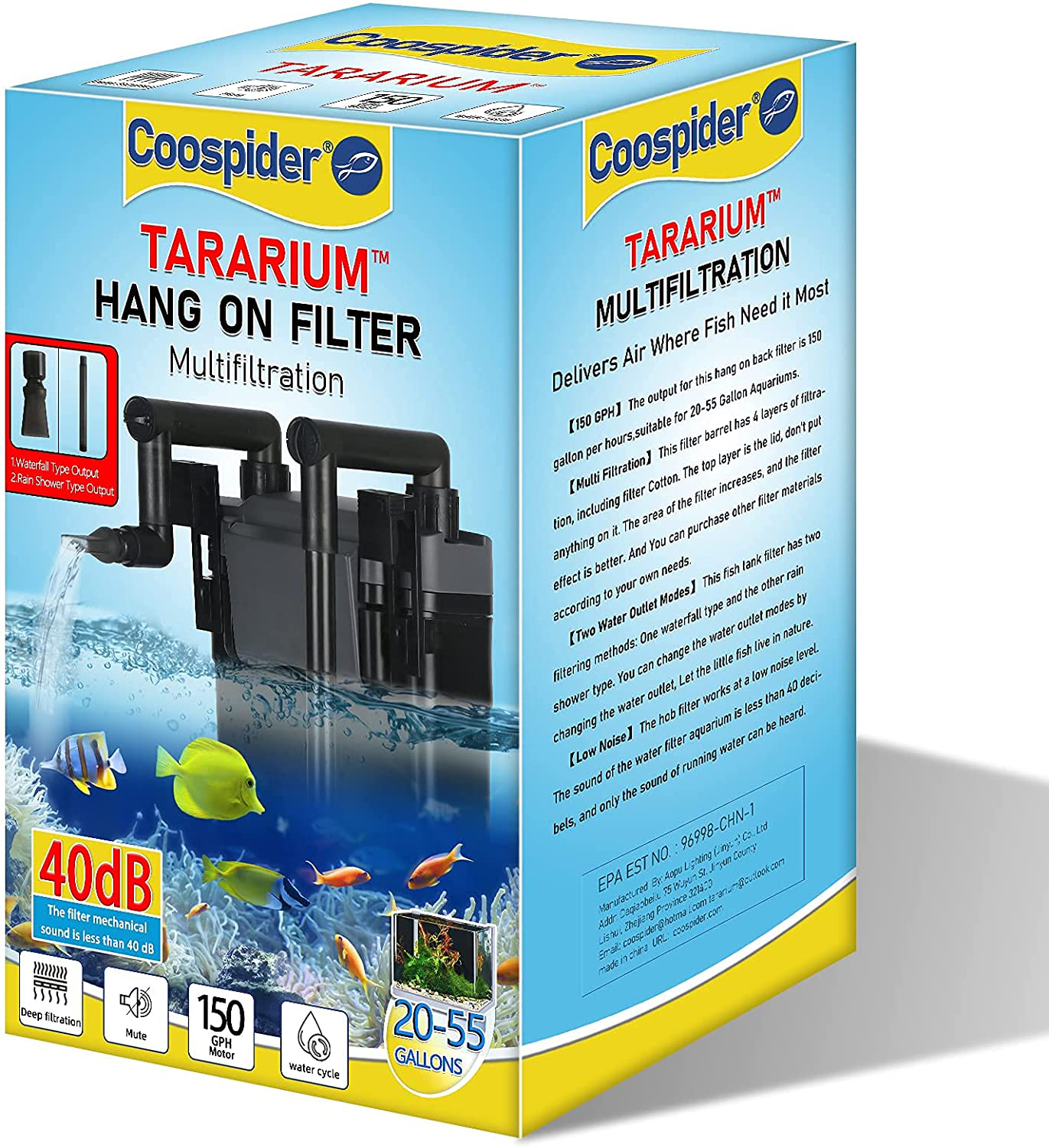 TARARIUM 20 to 55 Gallon Aquarium Filter Fish Tank Filters Hang on Back Filter Canister Water Pump Filter Waterfall Filter Canister Filter Gal Animals & Pet Supplies > Pet Supplies > Fish Supplies > Aquarium Filters TARARIUM