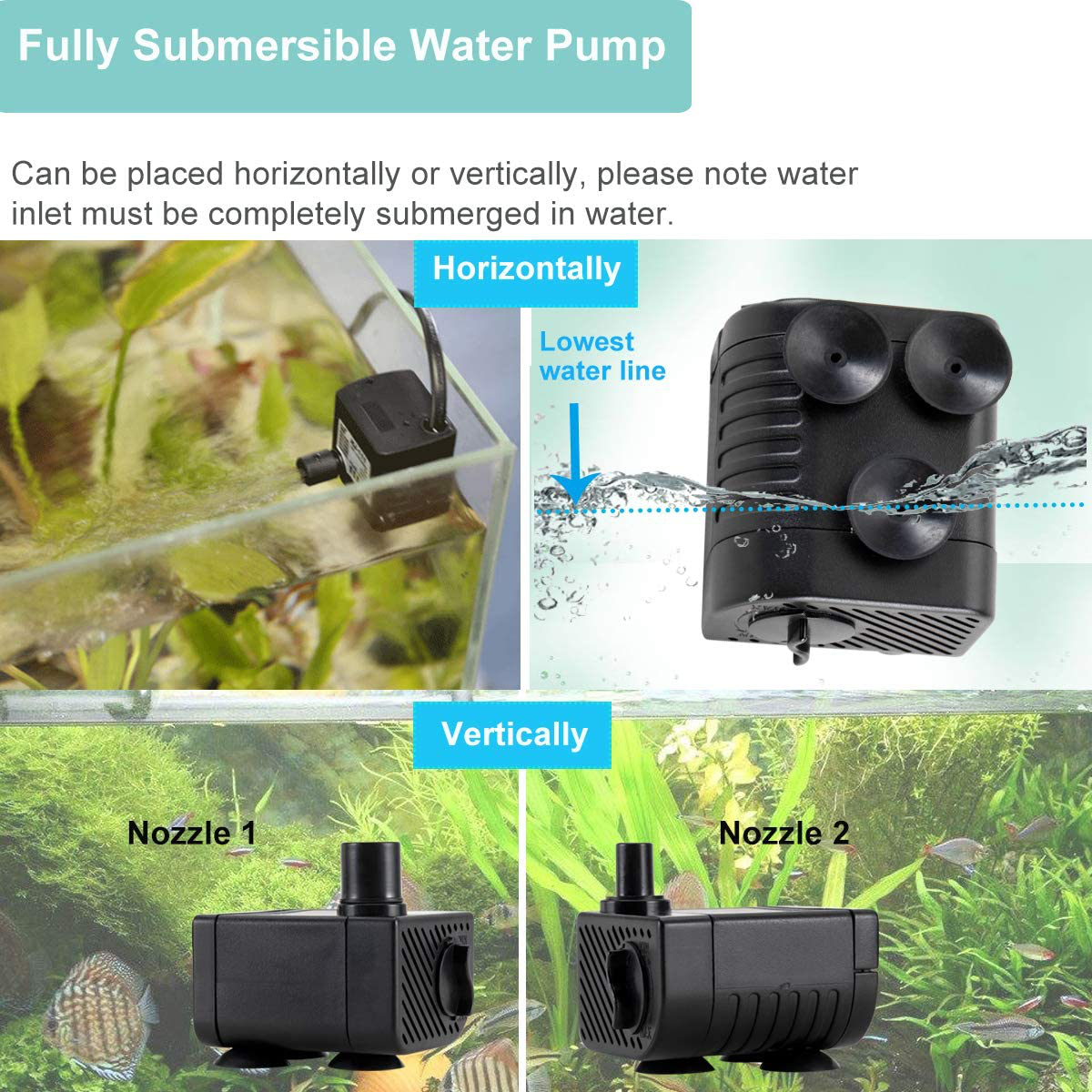 Hygger Ultra Quiet 53GPH (200L/H, 3W) Submersible Mini Water Pump Comes with 2 Nozzles, for Aquariums, Fish Tank, Fountain, Hydroponics, Max Lift Height 1.7Ft ,120V/60HZ, Power Cord 6Ft Animals & Pet Supplies > Pet Supplies > Fish Supplies > Aquarium & Pond Tubing hygger